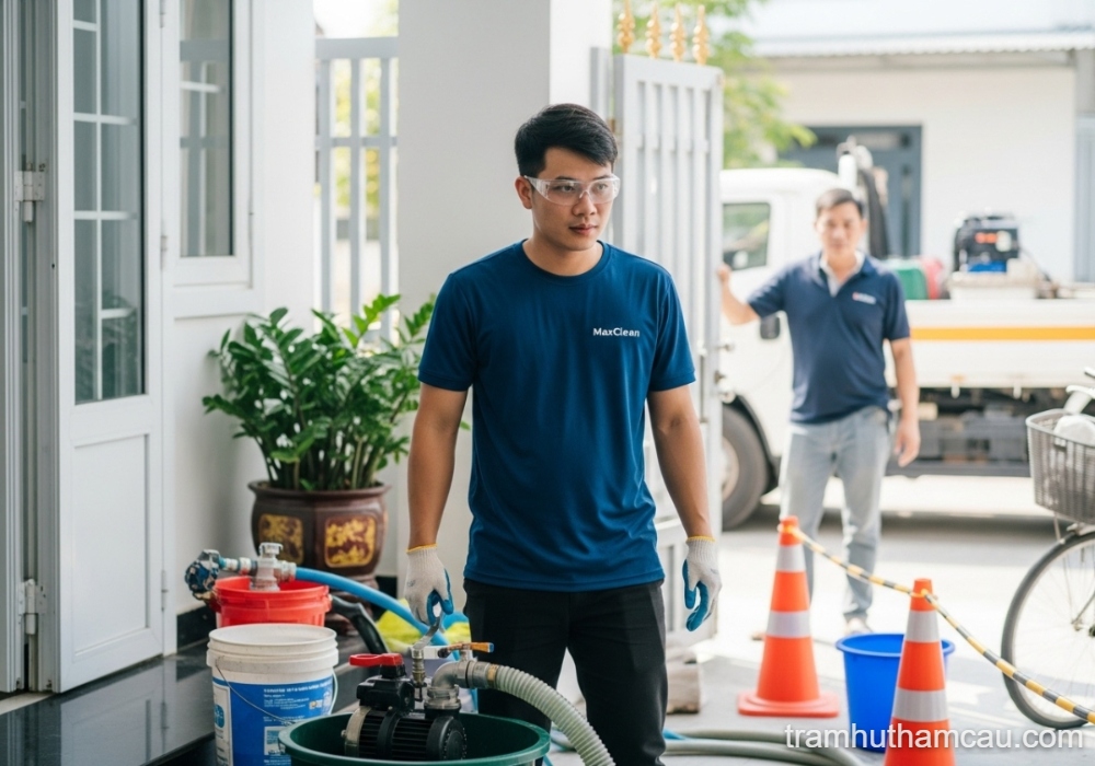 Dịch Vụ Hút Bể Phốt Giá Rẻ Chuyên Nghiệp Tại Maxclean 8 hình ảnh hoạt động của nhân viên Max Clean